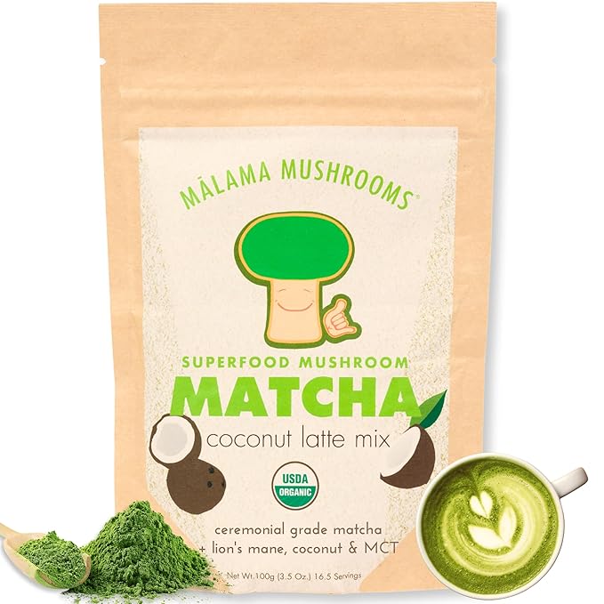 Malama Ceremonial Grade Matcha Coconut Latte Powder – Premium Japanese Matcha Green Tea Powder with Organic Lion’s Mane – Organic, Gluten-Free, Vegan & Unsweetened (3.5 oz) for Energy & Focus