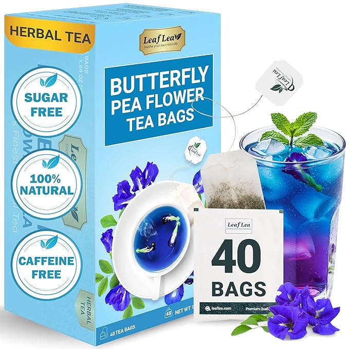 LeafLea 40 Butterfly Pea Flower Tea Bags, Herbal Flower Tea for Relaxation, Mocktails, and Natural Food Coloring, Caffeine-Free, Sugar-Free, Non-GMO