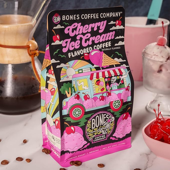 Bones Coffee Company Cherry Ice Cream Flavored Coffee, Medium Roast Low Acid Arabica Beans Compatible with Auto drip and French Press Coffee Maker, 12 Oz Ground