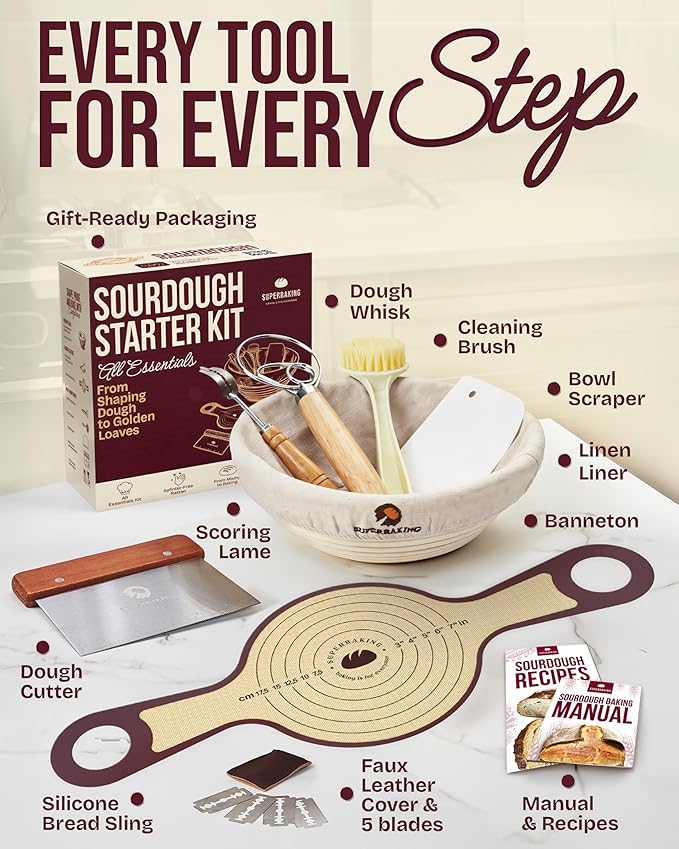 Superbaking Banneton Bread Proofing Basket Set with Silicone Dough Sling, 9" Splinter-Free Proofing Basket, Non-Stick Dutch Oven Liner, Sourdough Starter Kit, Sourdough Bread Baking Supplies & Tools