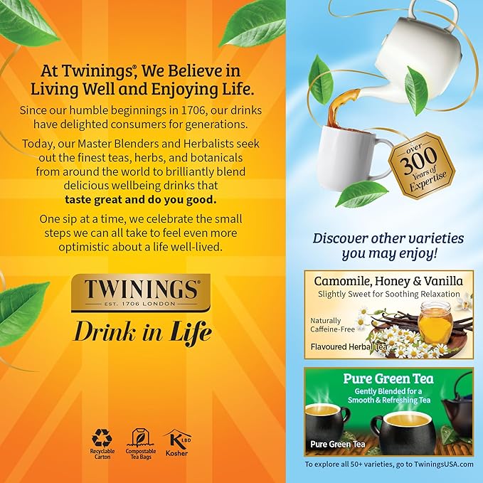Twinings Pure Camomile Herbal Tea Individually Wrapped Bags, 25 Count (Pack of 6), Calming & Delicate, Naturally Caffeine-Free, Enjoy Hot or Iced, 150 Teabags