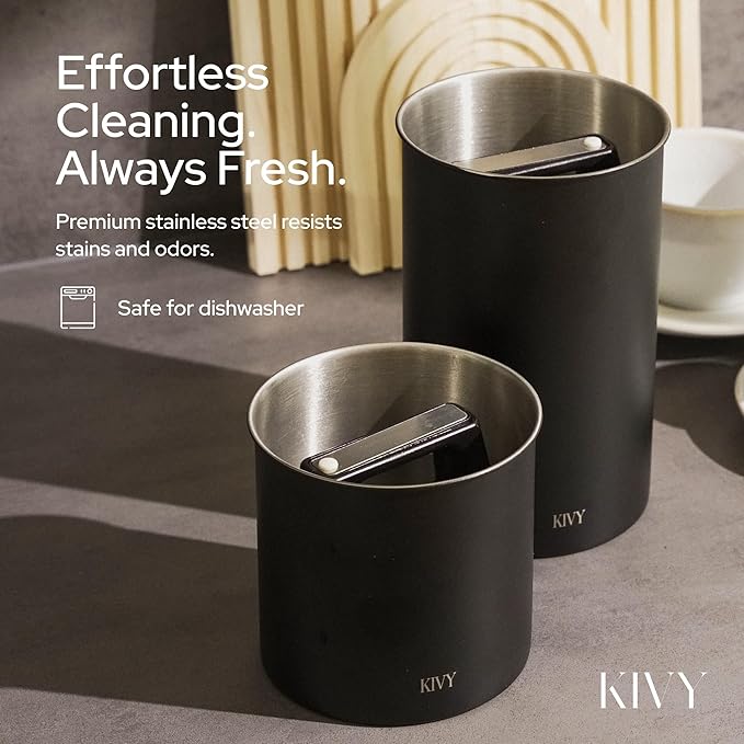 KIVY Vacuum Coffee Canister - Push Lid Preserves Coffee Aroma & Oil - Stainless Steel Airtight Coffee Canister - Container for Ground & Coffee Bean Storage - Removes Excess Air