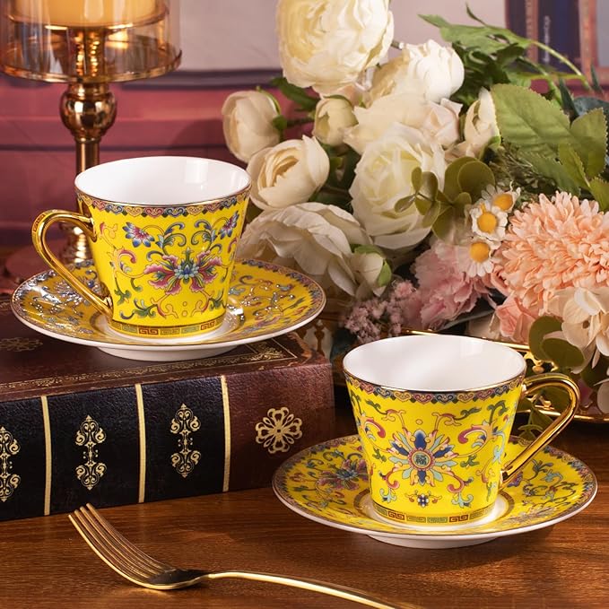 KAMMAK Tea Cups and Saucers Set of 2, Porcelain Coffee Cups with Saucer for Espresso, Cappuccino, 9oz Vintage Noble Yellow Ceramic Demitasse Mug for Home, Tea Party, Office
