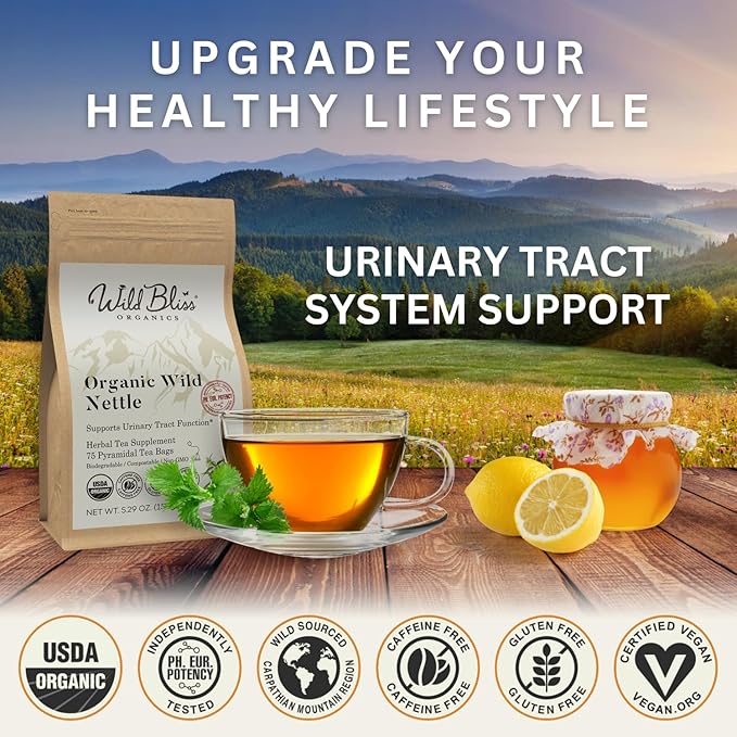 Wild Bliss Organic Wild Stinging Nettle Leaf Tea - Caffeine Free Urinary Tract and Joint Health Herbal Support - Pharmacopoeia Potency - 75 Plant Based Tea Bags
