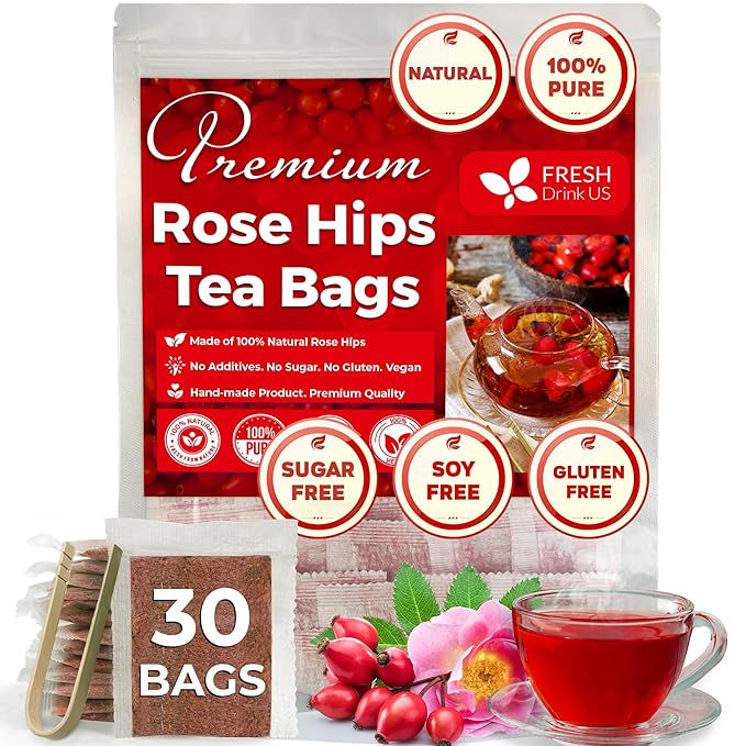 FreshDrinkUS, Premium 30 Rosehip Tea Bags, 100% Natural & Pure from Rose Hip Fruits. Loose Rosehip Herbal Tea. Made with Natural Material Tea Bags. No Sugar, No Caffeine, No Gluten, Vegan.