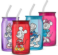 JoyJolt Disney Mickey Mouse and Friends Color Sketch Glass Tumblers with Lids and Straws, 16oz Glass Cups with Lids and Straws, Can Shaped Drinking Glasses Set of 4, Disney Gifts for Adults