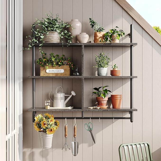 Bestier Kitchen Shelves Wall Mounted Floating Pipe Shelving 3 Tier 41.5" Coffee Bar Shelf with Holder, Wall Display Storage Rack Sundries for Kitchen Living Room, Charcoal Black