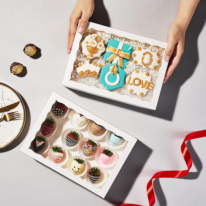 50 Pack 9 ½" x 6" x 2" Cookies Macaron Boxes for 12, Bakery Cakesicle Chocolate Covered Strawberries Boxes with Window Ore Cocoa Bombs Pastry Chocolate Boxes