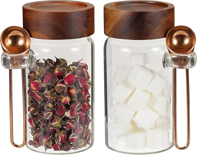 Glass Coffee Jars Spice Jar Round Storage Canister with Wooden Lid Clear Glass Food Jar for Pantry Sugar Tea Coffee Bean Spice Nuts Cookies Bath Salts (2×250ml(8.4oz) with scoop)