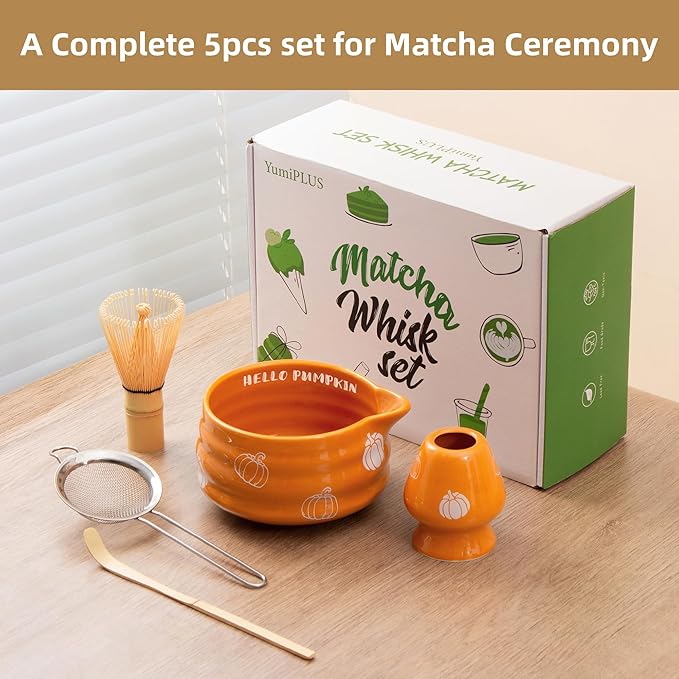5pcs Pumpkin Matcha Set,Ceramic Bowl with Spout and Bamboo Whisk set, Ceremonical Matcha Kit for breakfast/latte,Tea Starter Making Kit,Unique Matcha Halloween Thanksgiving Gift set (pumpkin)