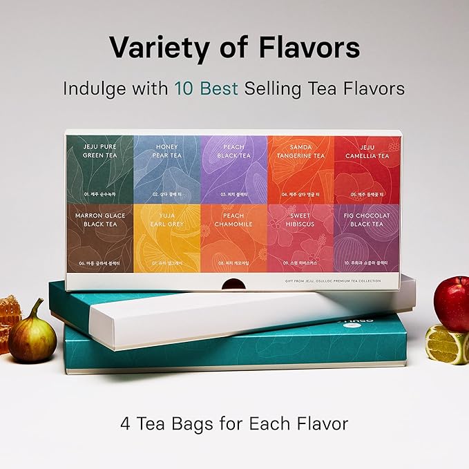 OSULLOC Premium Tea Collection (40 count, 10 flavors x 4 ea), Assorted Tea bag Sampler, Tea Gift sets for Tea lover, Self Care Gift Box, Premium Organic Pure & Blended Tea from Jeju