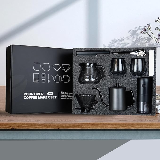 SuperCook Coffee Pour Over Kit Hand Drip with Kettle, Electric Grinder, Camping Travel Coffee Kit Ideal for Anniversary Birthday Gift