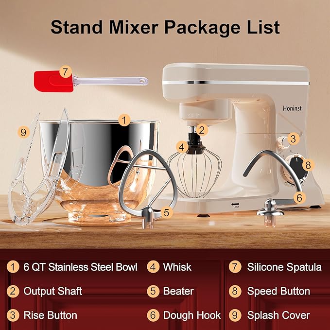 10-Speed Stand Mixer with 8-in-1 Splash Guard, Tilt-Head, 6QT Stainless Steel Bowl + Dishwasher-Safe Dough Hook/Whisk/Beater/Spatula for Baking Bread, Cakes, Cookies, Beige