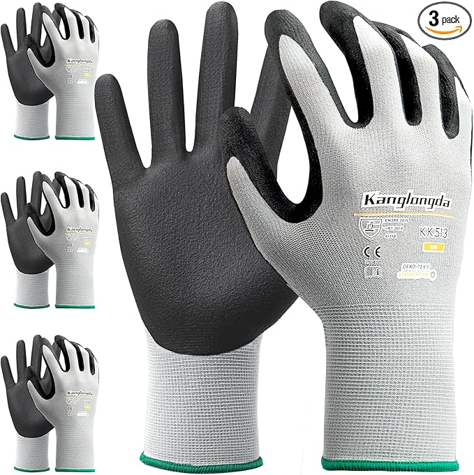 3-Paris Medium Work Gloves for Men and Women, Nitrile Coated Safety Protective Gloves with Grip, Ideal for Gardening, Warehouse, Mechanic, Light Duty Construction Work