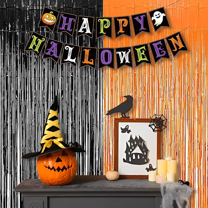 BRAVESHINE 1 Black 1 Orange Tinsel Photo Backdrop Curtains - 3.2x8.2ft Foil Fringe Streamer Curtain for Birthdays, Halloweens, Graduations, Pumpkin, Home, Indoor or Outdoor Party Supplies Decorations