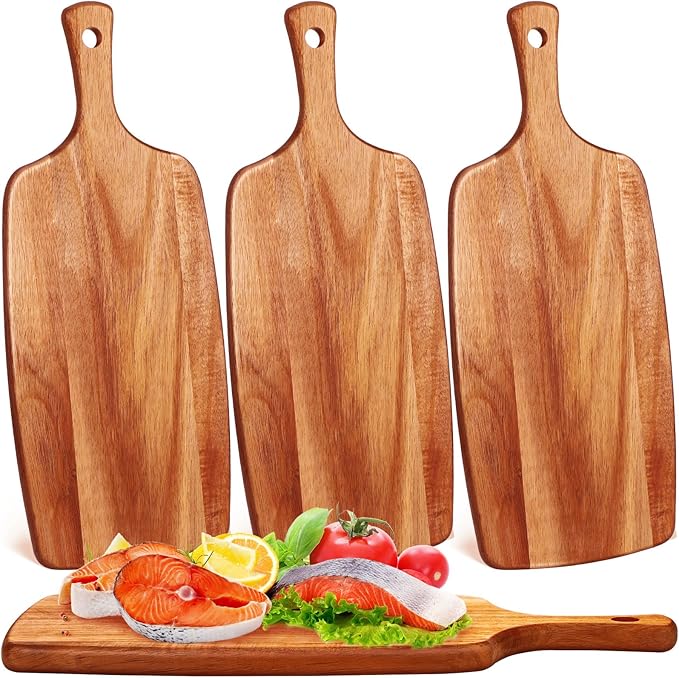 Kathfly 3 Pcs Acacia Wood Cutting Board with Handle Wooden Laser Kitchen Serving Charcuterie Board for Vegetables Meat Pizza Cheese Fruit Bread(17 x 7 Inch)