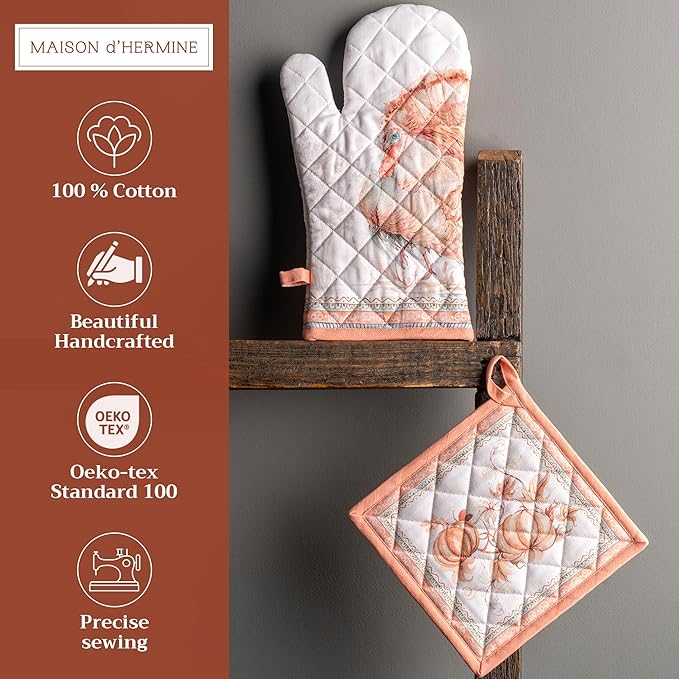 Maison d' Hermine 100% Cotton Oven Mitt & Pot Holder Set (7.5"x13" & 8"x8") Heat Resistant BBQ Cooking Gloves with Loop, Baking, Grilling, Kitchen, Handling Hot Pans (Giving Thanks)