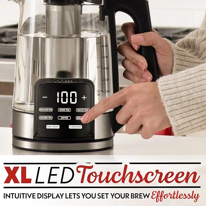 Gourmia Electric Programmable Glass Kettle – 1.7L Temperature Control Tea & Coffee Kettle with Digital Touch Display, 6 Presets, Keep Warm, Removable Stainless Steel Infuser, 360° Swivel Base – Peach