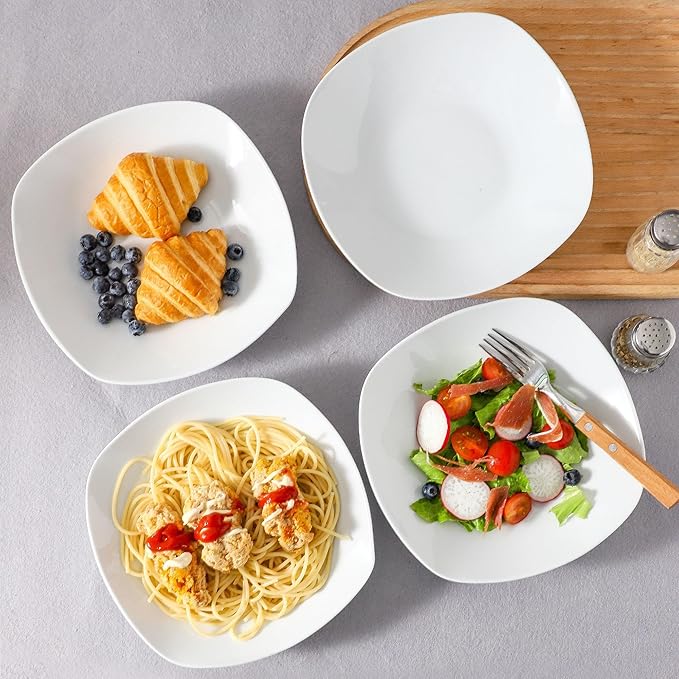 fMBB Ceramic Large Soup Bowls, 8.6 Inches, Modern 4-Piece Deep Salad Plates Set, Porcelain Square Plates, for Fruit, Cereal, Dessert, Snack - White