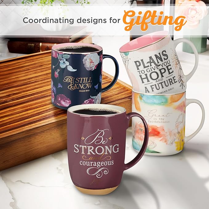 Christian Art Gifts Large Ceramic Inspirational Scripture Coffee & Tea Mug for Women: Be Still & Know Encouraging Gold Bible Verse, Lead/Cadmium Free Cute Drinkware, Dark Navy Blue/Pink Floral, 14 oz.