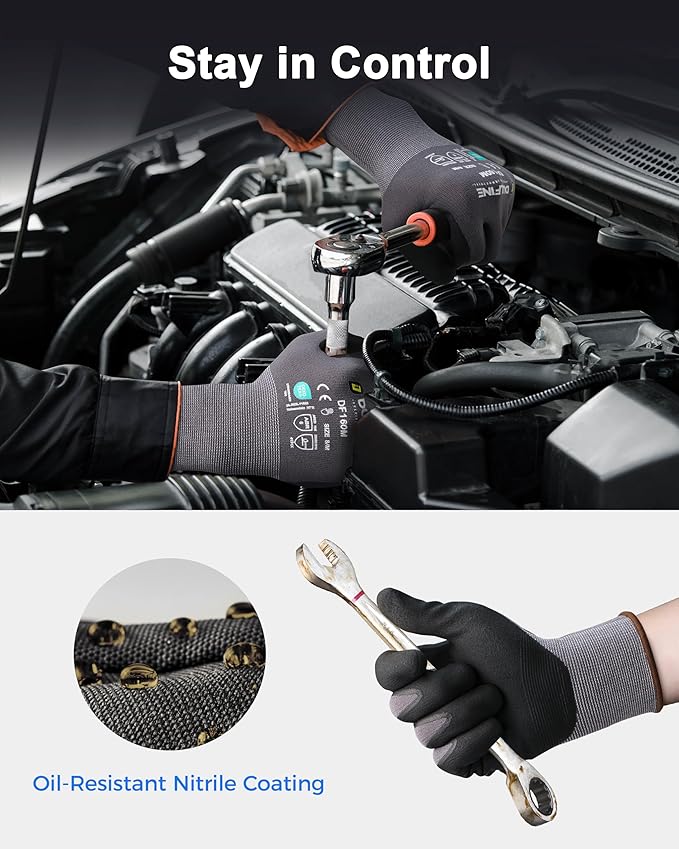 DULFINE Safety Work Gloves MicroFoam Nitrile Coated-36 Pairs Pack,Seamless Knit Nylon Glove with Black Micro-Foam Nitrile Grip,Ideal for General Purpose,Automotive,Home Improvement,Painting(Large)