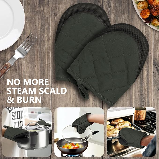 1 Pair Short Oven Mitts, Heat Resistant Silicone Kitchen Mini Oven Mitts for 500 Degrees, Non-Slip Grip Surfaces and Hanging Loop Gloves, Baking Grilling Barbecue Microwave Machine Washable (Gray)