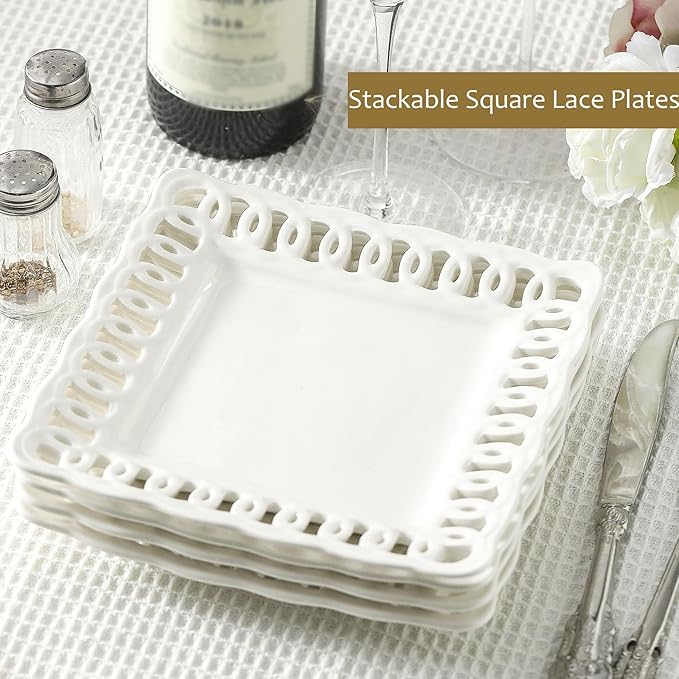 Ceramic Square Dinner Plates, 11 inch Square Serving Plate Set of 4 for Steak Pasta Salad Snacks Pizza Appetizer, New Bone Porcelain Plates with Lace Rim, Party Wedding Birthday Christmas Gift, White