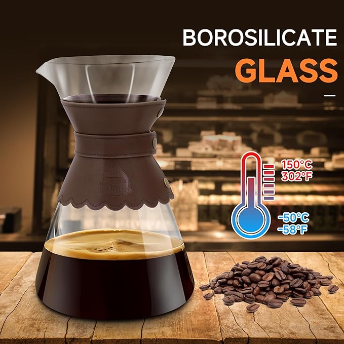 34oz Pour Over Coffee Maker with Double Layer Stainless Steel Filter, Borosilicate Glass Dripper, Detachable Heat-Resistant Leather Pad 7-8 Cups Coffee Maker Carafe（Dark brown）