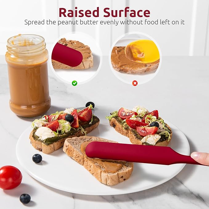U-Taste Skinny Silicone Jar Spatula: 600ºF Heat-Resistant Food-Grade 10in Long Narrow Sourdough Stirring Stick, Seamless Flexible Peanut Butter Spreader for Scraping Icing Bread Cream, Jam (Red)