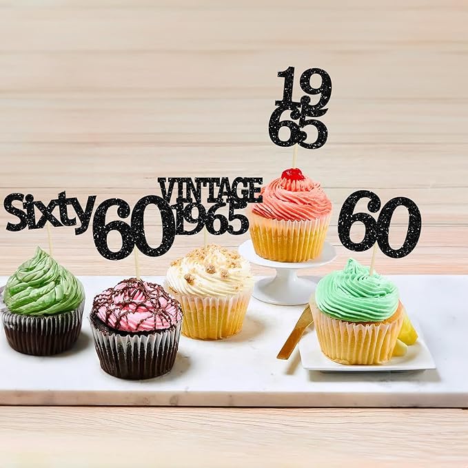 Gyufise 24Pcs Vintage 1965 Cupcake Toppers Cheers to 60 Fabulous Sixty Cupcake Picks Decorations for 60th Birthday Wedding Anniversary Party Cake Decorations Supplies Black