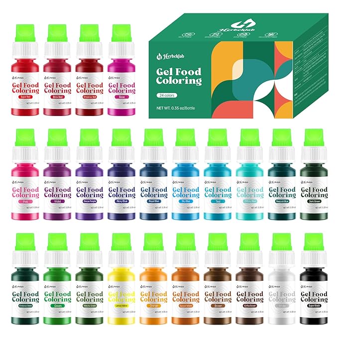 Gel Food Coloring 24 Colors x 0.35 oz Concentrated Gel Based Food Dye Vibrant Icing Colors Neon Food Coloring for Baking Cake Decorating Cookies Fondant, 10g / Bottle