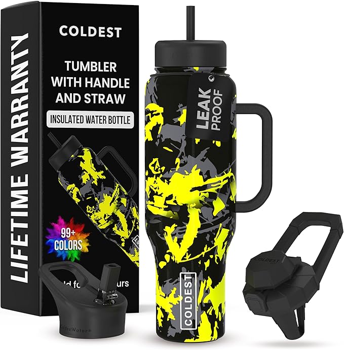 Coldest 40 oz Tumbler with Handle and Straw - 100% Leak Proof Insulated Tumbler with Lid and Straw (3 Lids) - Stainless Steel Tumblers for Women & Men - Cup Holder Friendly Base, 46 oz (Off Road)