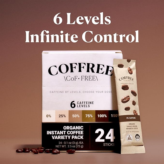 COFFREE Organic Instant Coffee Packets - 75% Half Caff Low Acid, Mold Free Coffee Made with Arabica Coffee Beans - Rich & Smooth Taste - Hot or Cold Single Serve Travel Packets 24 Pack Box