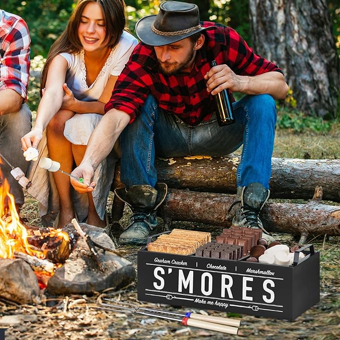 S'Mores Station, Farmhouse Smores Caddy with Handles, Smores Kit for Fire Pit Smores Maker Box, Smores Bar Station with 5Pcs Extendable Marshmallow Roasting Sticks, Camping Essentials Gear Accessories