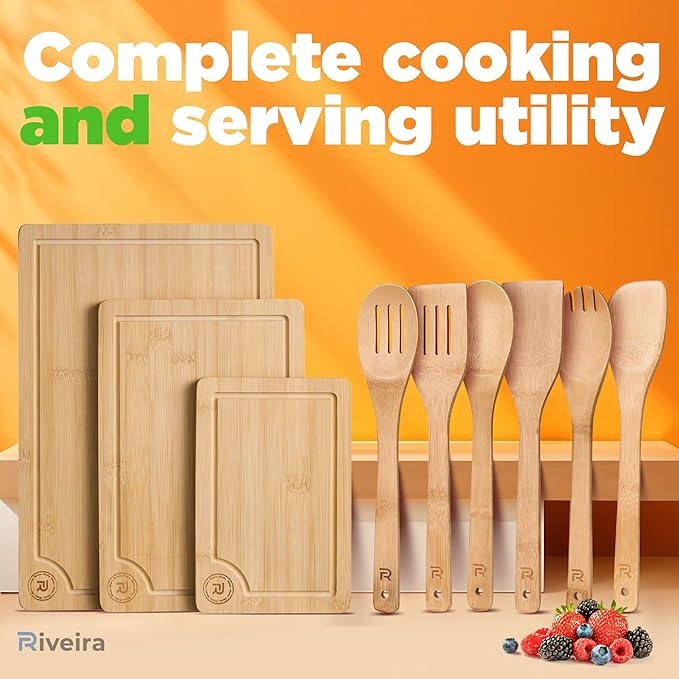 Riveira Bamboo Cutting Boards For Kitchen with Wooden Spoons For Cooking – Set of 3 Pcs Wooden Cutting Board & 6 Bamboo Spoons – Wooden Cutting Boards For Kitchen – Complete Wooden Cooking Utensils