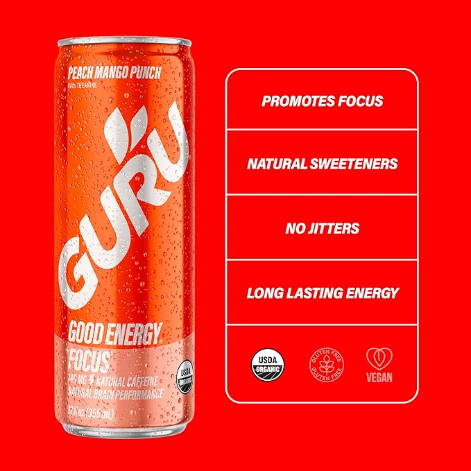 GURU Peach Mango Punch Organic Energy Drinks, Clean Energy Drink with Plant Based Natural Caffeine from Green Tea + Focus with L Theanine, Gluten Free and Vegan, 140MG Caffeine, 12oz (Pack of 24)