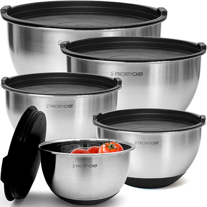 Priority Chef Premium Mixing Bowls With Lids Set, Airtight Lids, Thicker Stainless Steel Mixing Bowl Set, Large Prep Metal Bowls, Nesting Bowls for Kitchen, 1.5/2/3/4/5 Qrt, Black