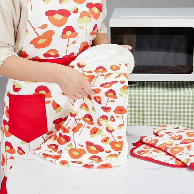 Oven Mitts and Potholders Dish Towles Set 100% Cotton for Perfect for Gifting, Baking, and Everyday Cooking Durable Heat Resistant for Kitchen and Machine Washable (3-Piece Red Flower)
