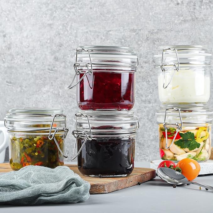 Folinstall 7 oz Glass Jars with Airtight Lids 12 Pcs, Small Mason Jars with Hinged Lids for Kitchen Storage, Canning and Pantry, Includes 3 Replacement Silicone Gaskets and Chalkboard Labels
