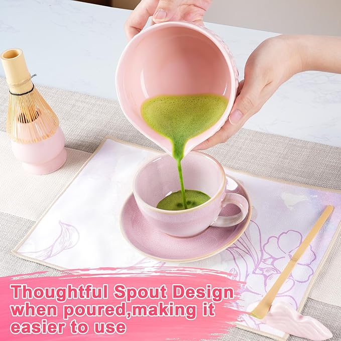 Matcha Whisk Set, Matcha Set 7 Pieces - Ceramic Matcha Bowl with Spout, Bamboo Chasen Whisk & Holder, Scoop, Sifter, Tea Towel - Complete Kit for Matcha Tea Ceremony, Latte, Ideal Gift（Pink）