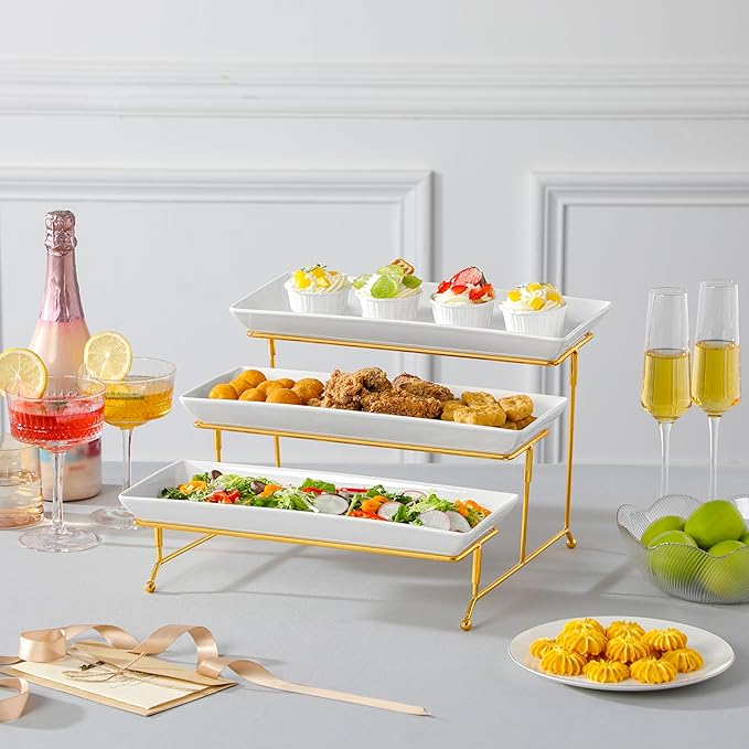 MALACASA 3 Tier Serving Trays for Party, 14 Inch Porcelain White Trays for Serving Food, Dessert Stand with Collapsible Gold Metal Rack