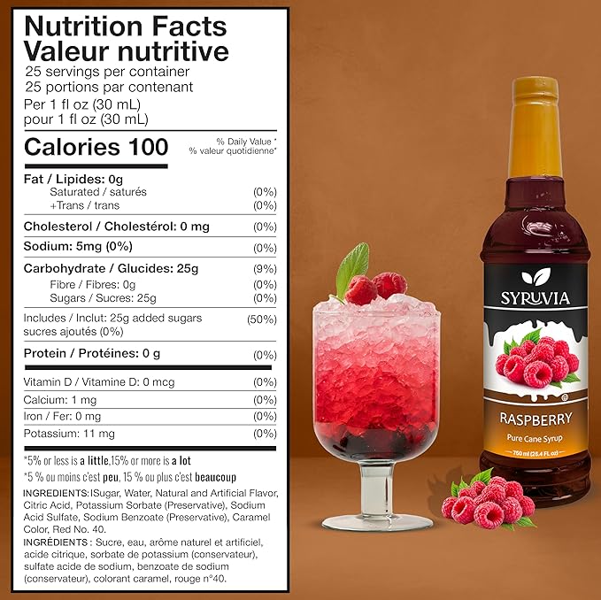 Syruvia Raspberry Syrup, Flavored Syrup for Drinks, Cocktails, Lemonades, Iced Teas, and Desserts – 25.4 fl oz