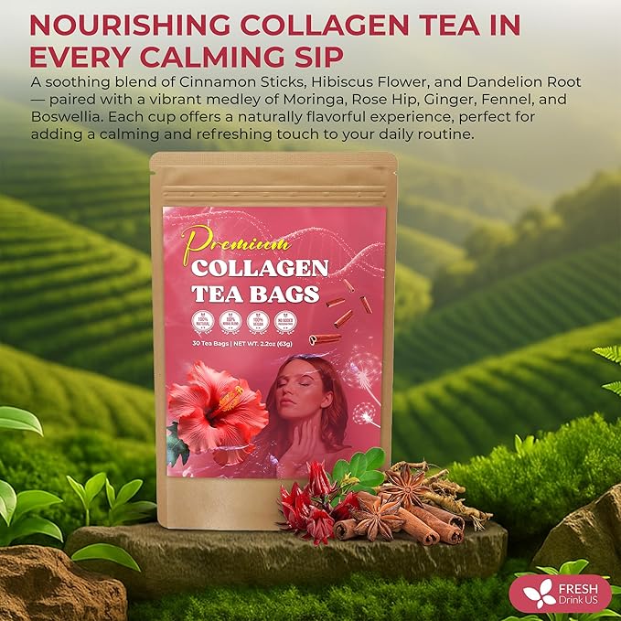 FreshDrinkUS, Premium Collagen Herbal Tea – 30 Tea Bags | Cinnamon Stick, Hibiscus, Dandelion Root, Moringa Leaves, Rose Hip, Ginger, Fennel Seed, Boswellia | Caffeine-Free, Natural Flavorful Blend