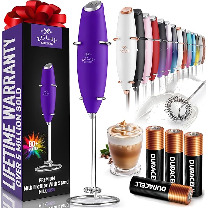 Zulay Kitchen Whisk Milk Frother with 4 Duracell Batteries - Powerful Handheld Foam Maker for Coffee, Lattes, Matcha, Hot Chocolate & Cappuccinos - Whip Creamy Froth in Seconds