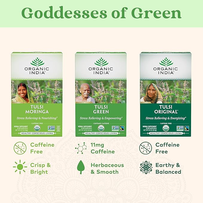 ORGANIC INDIA Tulsi Green Tea Bags - Holy Basil Tea, African Basil, Stress Relieving, Immune Support, USDA Certified Organic, Premium Darjeeling Green Tea, Caffeinated - 18 Infusion Bags, 3 Pack