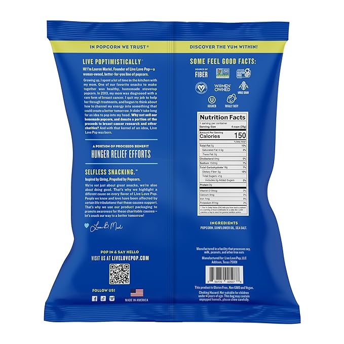 Live Love Pop Sea Salt Flavored Gourmet Popcorn, 1.0 Oz (Pack of 12), Individual Snack Size Bags, Healthy Snack, Gluten Free, Vegan & Non-GMO, Mission Driven Munchies