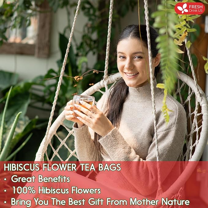 FreshDrinkUS, Premium 115 Hibiscus Flowers Tea Bags, 100% Natural & Pure. Loose Flower Hibiscus Herbal Tea. No Sugar, No Caffeine, No Gluten, Vegan.