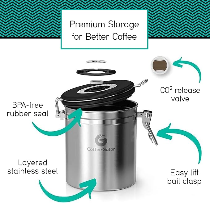 Coffee Gator Coffee Canister, 2pack 16oz Airtight Stainless Steel Kitchen Food Storage Container with Date Tracker, Scoop for Grounds Coffee Bar Accessories, Beans, Tea, Sugar, Flour - Gray&Silver
