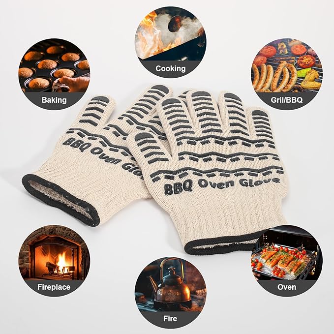 BBQ Gloves 932℉ Heat Resistant Oven Gloves, Cooking Gloves for BBQ, Grilling, Baking,Cutting, Smoker Fireplace-1 Pair (Black)