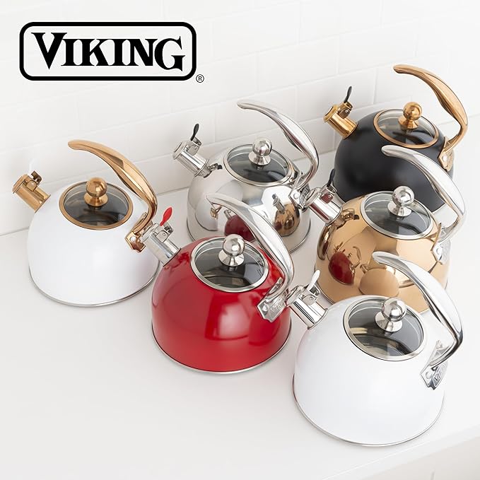 Viking 3-Ply Stainless Steel Tea Kettle, 2.6 Quart Stovetop Hot Water Pot with Tempered Glass Lid, Ergonomic Handle, Induction Ready, Rose Gold